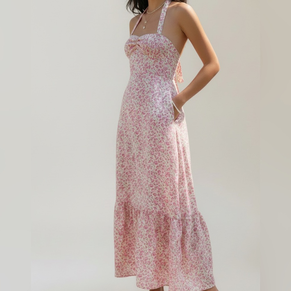 Strapless Pink Floral Halter Tie Summer Dress